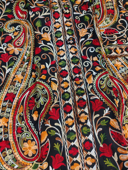 Artisan-Crafted Kashmiri Aari Embroidered Jacket - black Floral Statement Coat