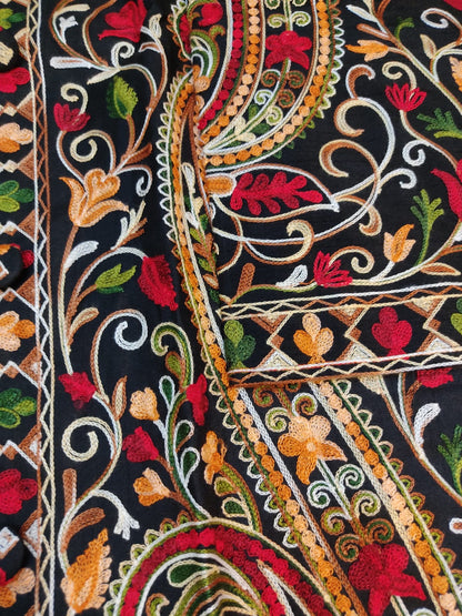 Artisan-Crafted Kashmiri Aari Embroidered Jacket - black Floral Statement Coat