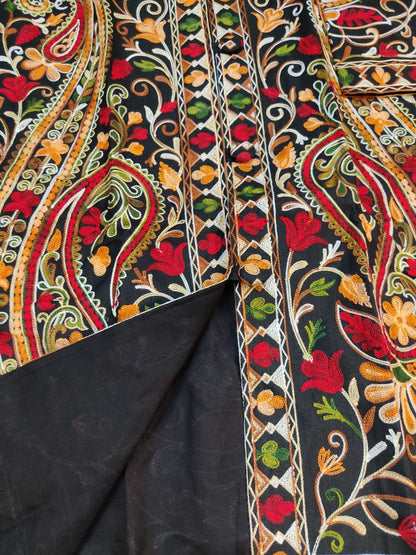 Artisan-Crafted Kashmiri Aari Embroidered Jacket - black Floral Statement Coat