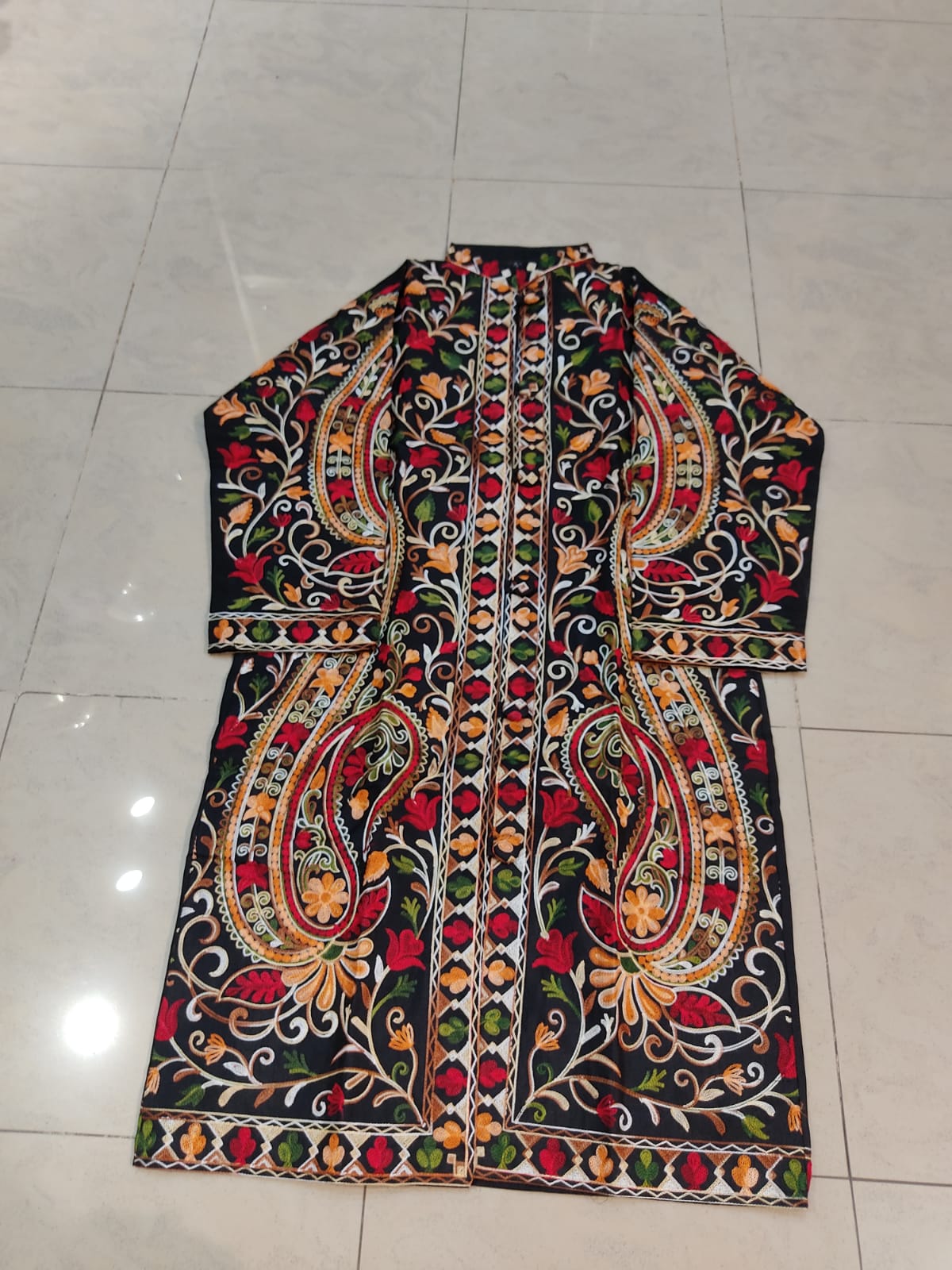 Artisan-Crafted Kashmiri Aari Embroidered Jacket - black Floral Statement Coat