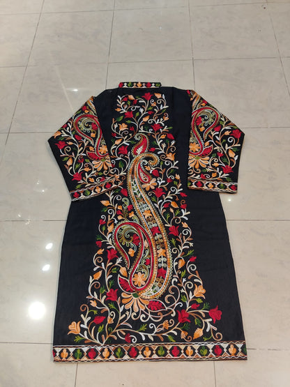 Artisan-Crafted Kashmiri Aari Embroidered Jacket - black Floral Statement Coat