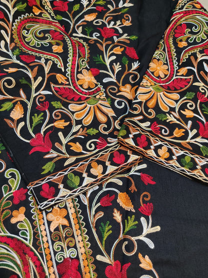 Artisan-Crafted Kashmiri Aari Embroidered Jacket - black Floral Statement Coat