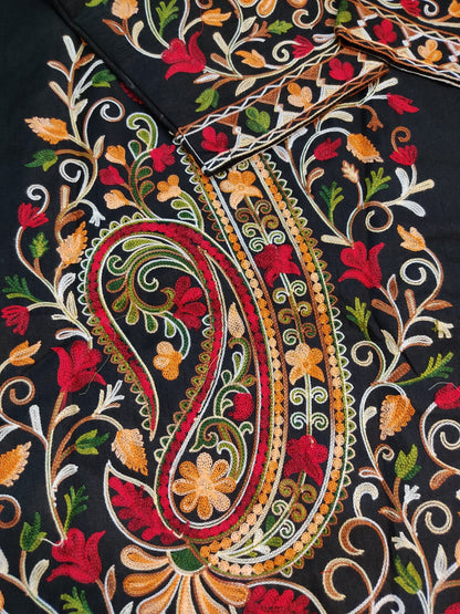 Artisan-Crafted Kashmiri Aari Embroidered Jacket - black Floral Statement Coat