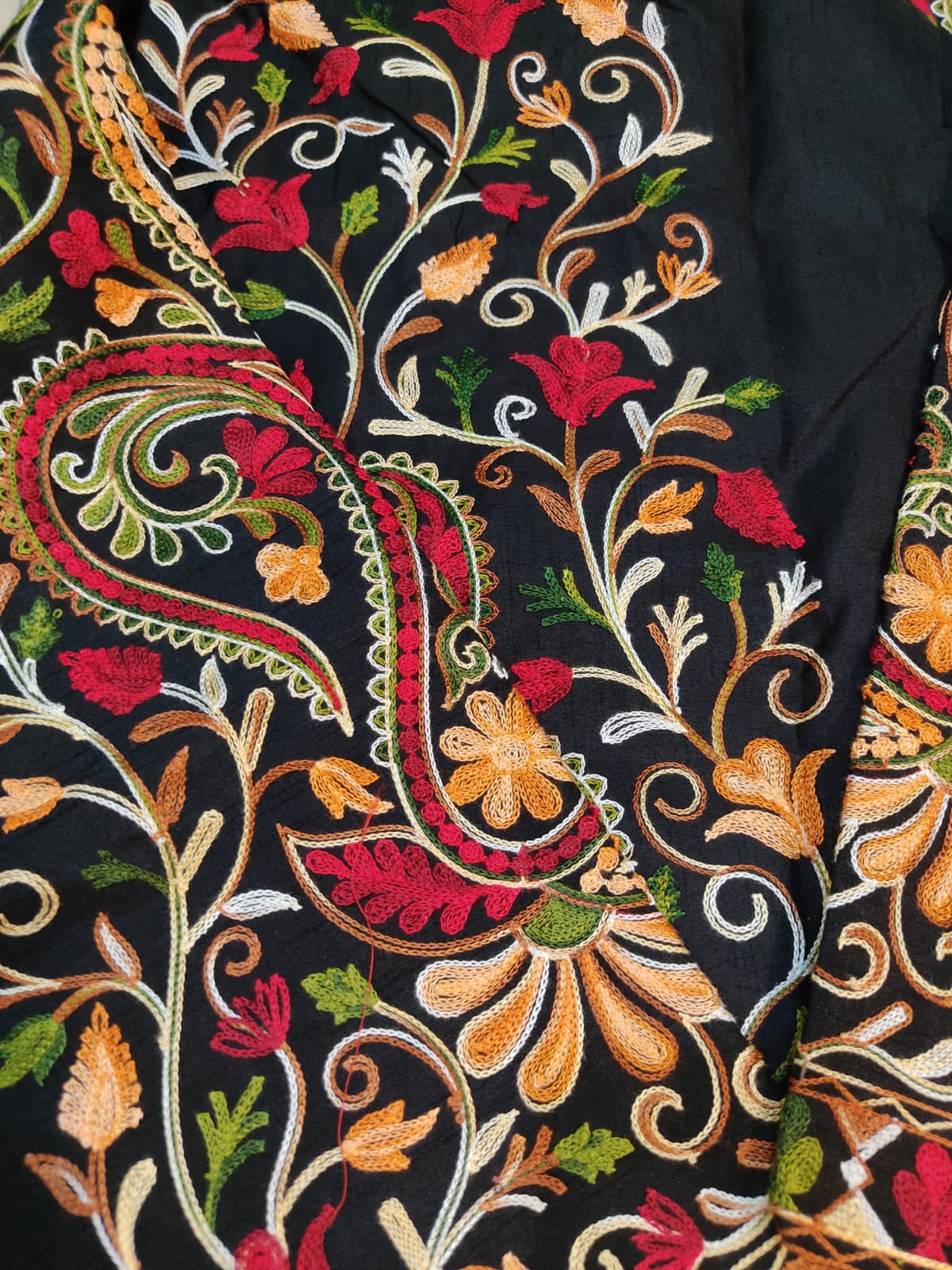 Artisan-Crafted Kashmiri Aari Embroidered Jacket - black Floral Statement Coat