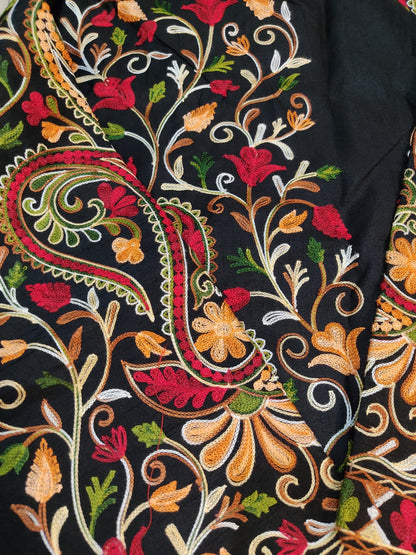 Artisan-Crafted Kashmiri Aari Embroidered Jacket - black Floral Statement Coat