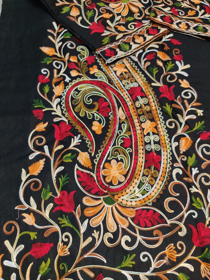 Artisan-Crafted Kashmiri Aari Embroidered Jacket - black Floral Statement Coat