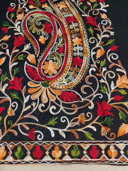 Artisan-Crafted Kashmiri Aari Embroidered Jacket - black Floral Statement Coat
