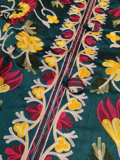 Artisan-Crafted Kashmiri Aari Embroidered Jacket - green Floral Statement Coat