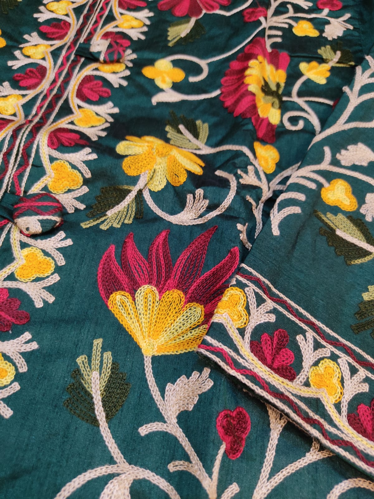 Artisan-Crafted Kashmiri Aari Embroidered Jacket - green Floral Statement Coat