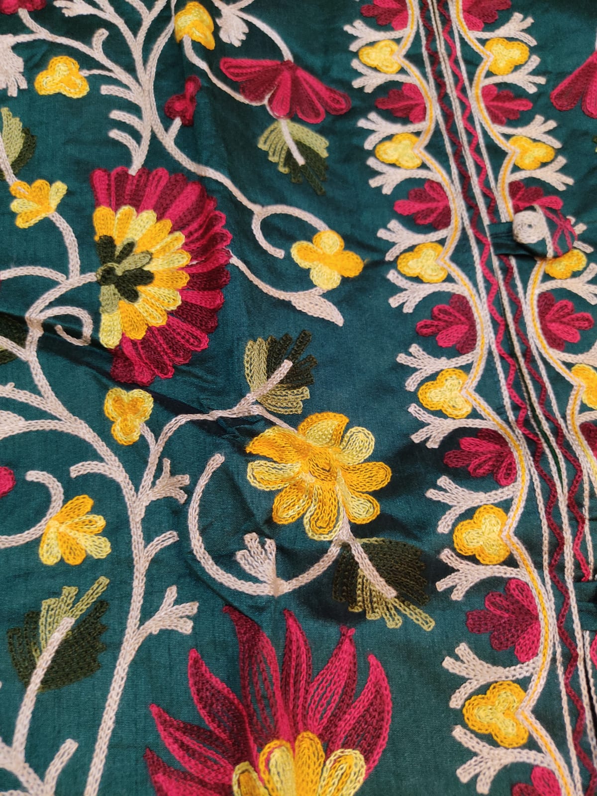 Artisan-Crafted Kashmiri Aari Embroidered Jacket - green Floral Statement Coat