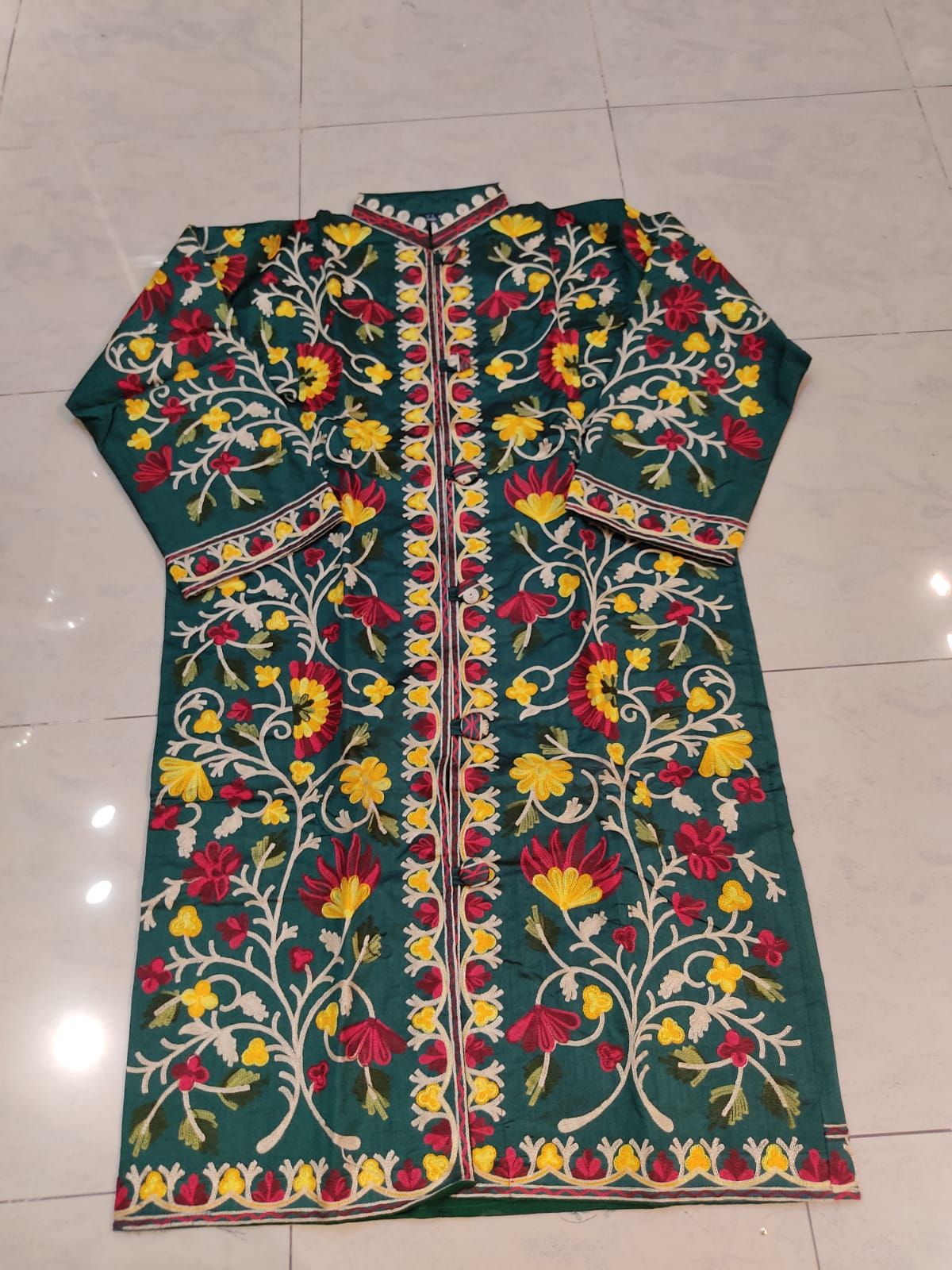Artisan-Crafted Kashmiri Aari Embroidered Jacket - green Floral Statement Coat