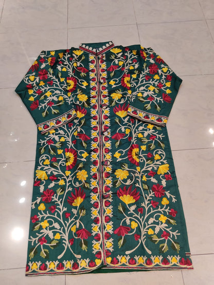 Artisan-Crafted Kashmiri Aari Embroidered Jacket - green Floral Statement Coat