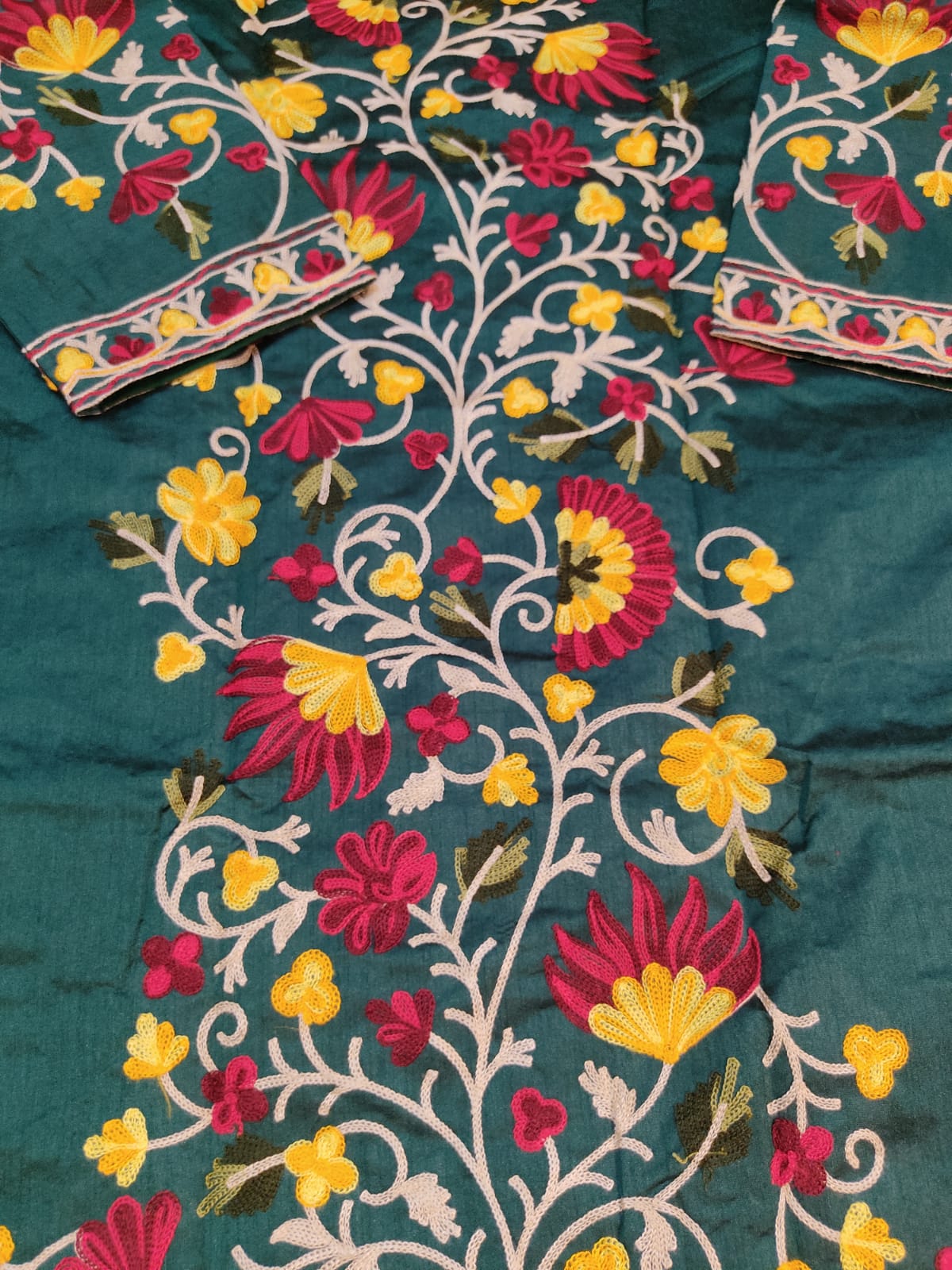 Artisan-Crafted Kashmiri Aari Embroidered Jacket - green Floral Statement Coat