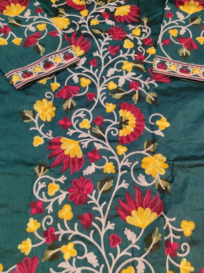 Artisan-Crafted Kashmiri Aari Embroidered Jacket - green Floral Statement Coat