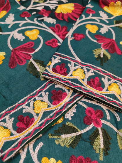Artisan-Crafted Kashmiri Aari Embroidered Jacket - green Floral Statement Coat