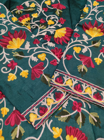 Artisan-Crafted Kashmiri Aari Embroidered Jacket - green Floral Statement Coat