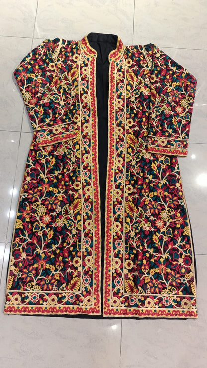 Artisan-Crafted Kashmiri Traditional Ethnic Embroidered Tunic jacket | Black Cotton Winter jacket | Colorful Bohemian Top