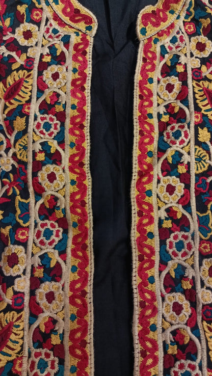 Artisan-Crafted Kashmiri Traditional Ethnic Embroidered Tunic jacket | Black Cotton Winter jacket | Colorful Bohemian Top