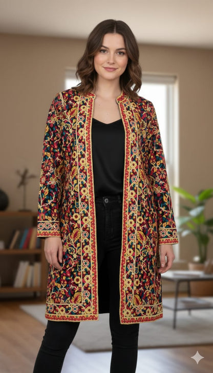 Artisan-Crafted Kashmiri Traditional Ethnic Embroidered Tunic jacket | Black Cotton Winter jacket | Colorful Bohemian Top