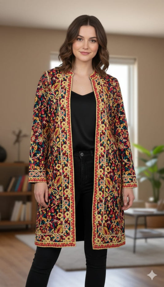 Artisan-Crafted Kashmiri Traditional Ethnic Embroidered Tunic jacket | Black Cotton Winter jacket | Colorful Bohemian Top