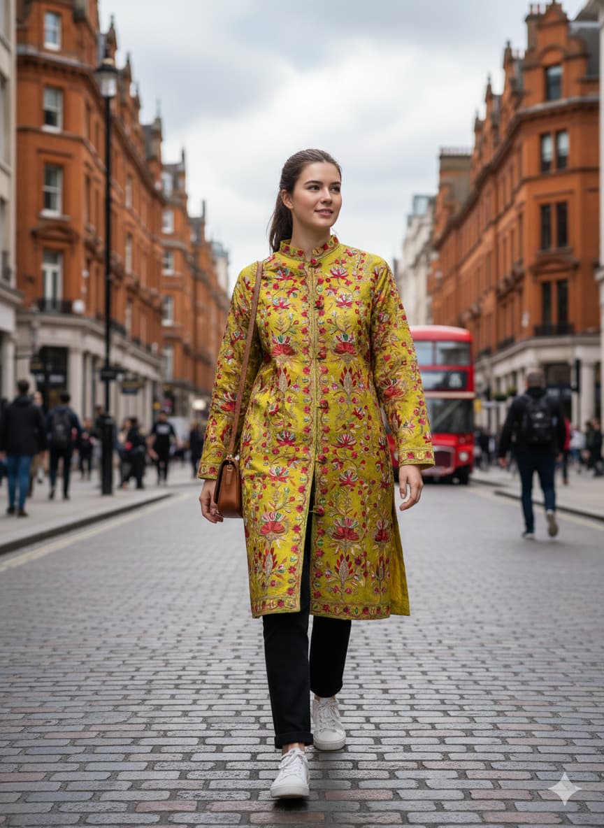 Kashmiri Aari Embroidered Silk Long Jacket | Floral Coat