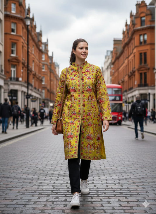 Kashmiri Aari Embroidered Silk Long Jacket | Floral Coat