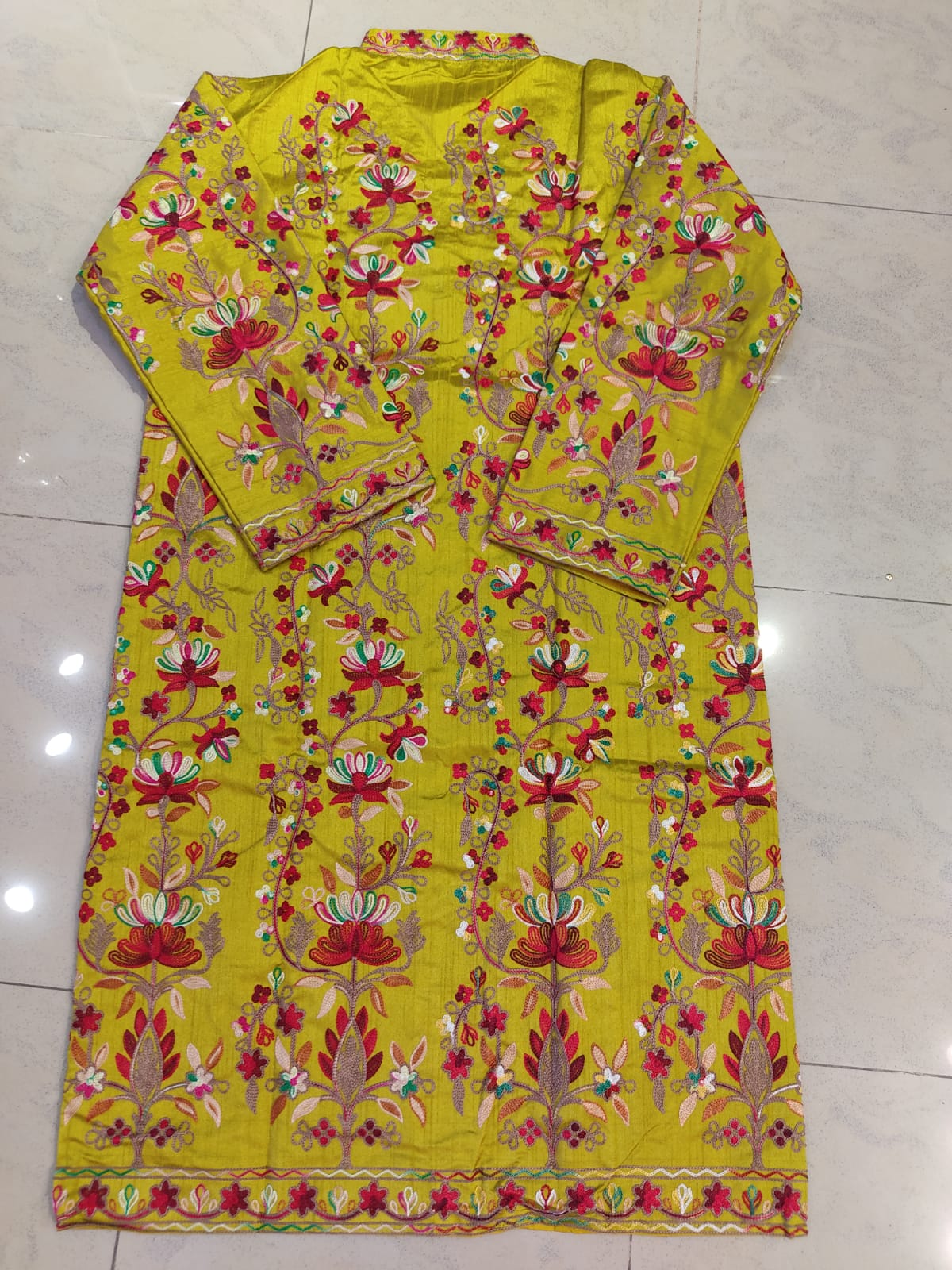 Kashmiri Aari Embroidered Silk Long Jacket | Floral Coat