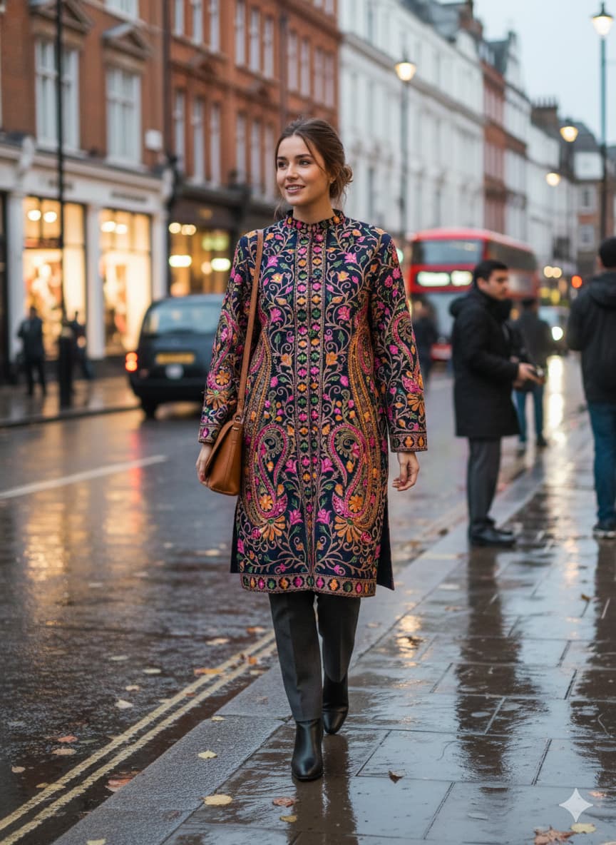 Kashmiri Aari Embroidered Silk Coat | Bohemian Winter Jacket