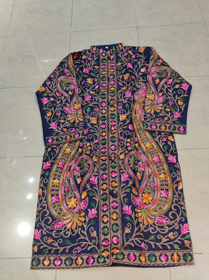 Kashmiri Aari Embroidered Silk Coat | Bohemian Winter Jacket
