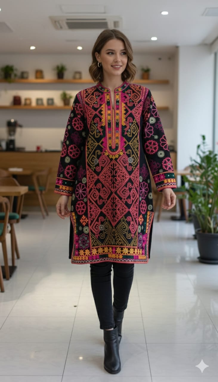 Artisan-Crafted Kashmiri Traditional Ethnic Embroidered Tunic Dress | Black Cotton Winter Kurti | Colorful Bohemian Top