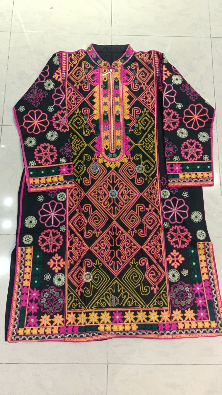 Artisan-Crafted Kashmiri Traditional Ethnic Embroidered Tunic Dress | Black Cotton Winter Kurti | Colorful Bohemian Top