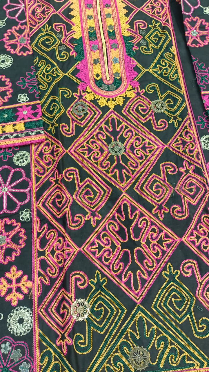 Artisan-Crafted Kashmiri Traditional Ethnic Embroidered Tunic Dress | Black Cotton Winter Kurti | Colorful Bohemian Top