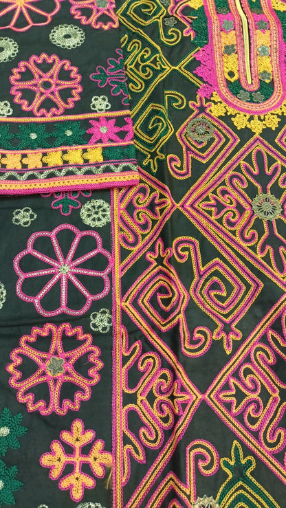 Artisan-Crafted Kashmiri Traditional Ethnic Embroidered Tunic Dress | Black Cotton Winter Kurti | Colorful Bohemian Top