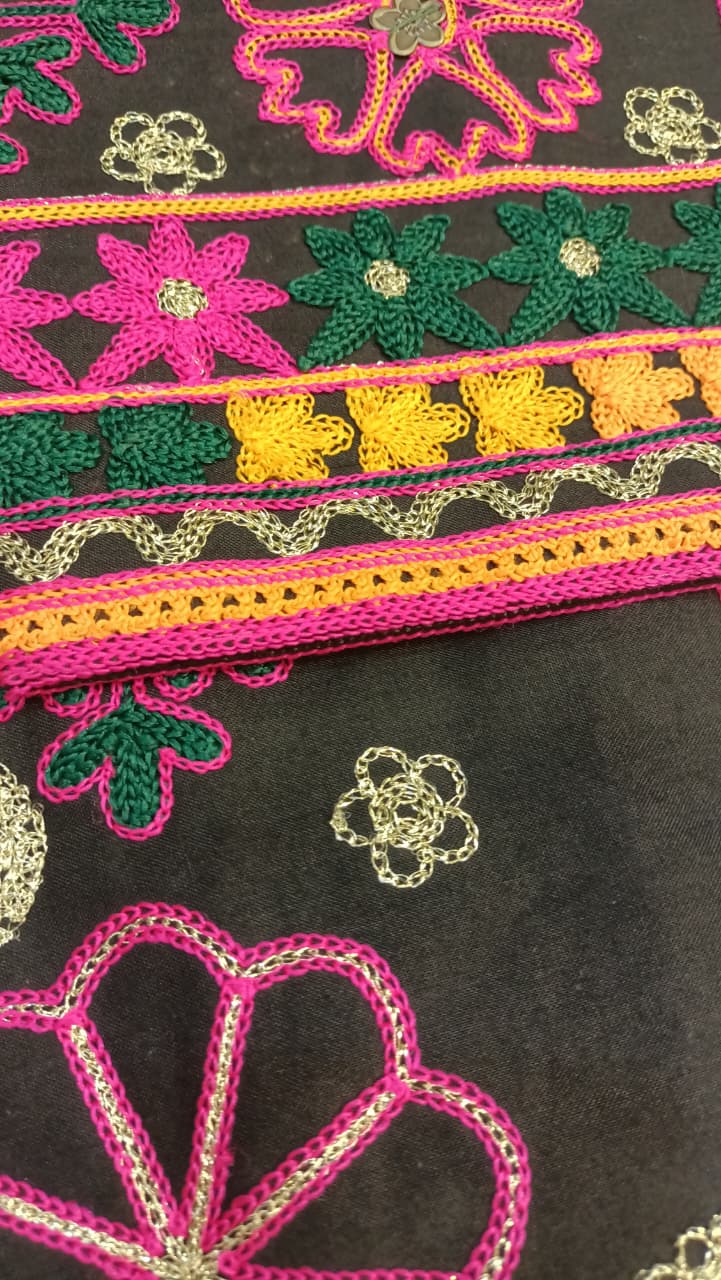 Artisan-Crafted Kashmiri Traditional Ethnic Embroidered Tunic Dress | Black Cotton Winter Kurti | Colorful Bohemian Top