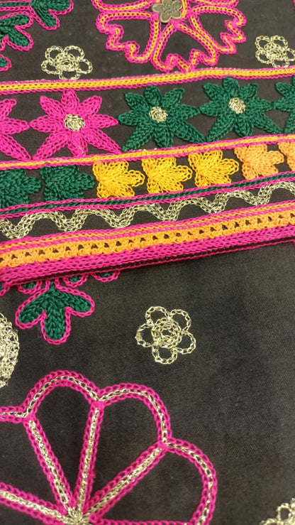 Artisan-Crafted Kashmiri Traditional Ethnic Embroidered Tunic Dress | Black Cotton Winter Kurti | Colorful Bohemian Top