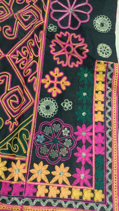 Artisan-Crafted Kashmiri Traditional Ethnic Embroidered Tunic Dress | Black Cotton Winter Kurti | Colorful Bohemian Top