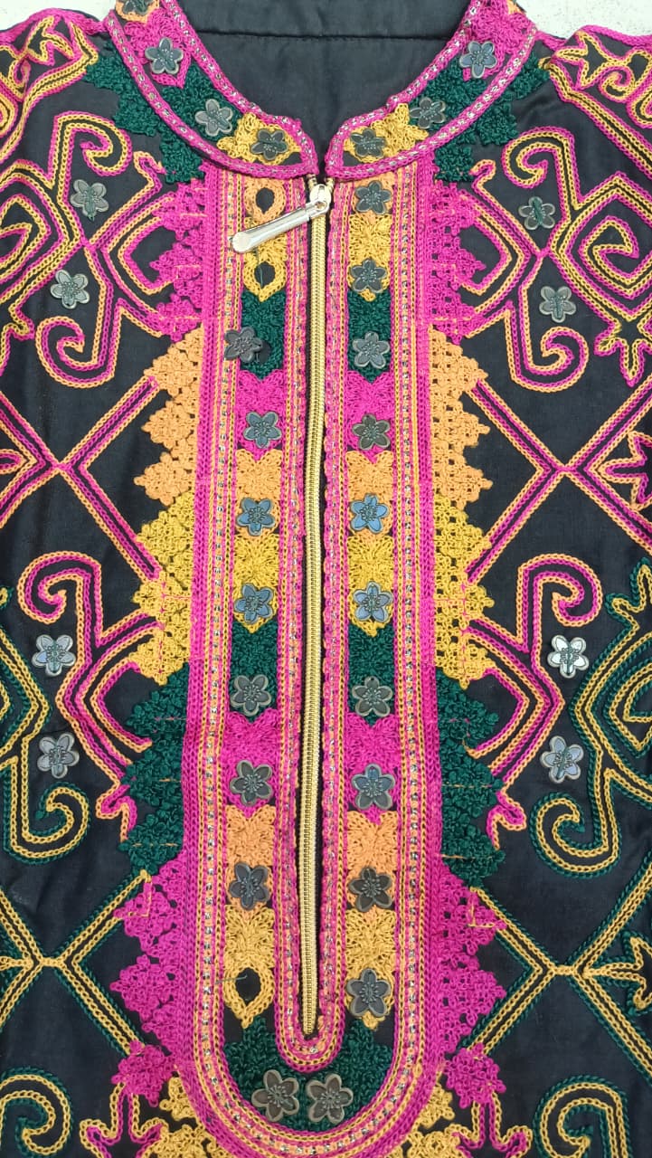 Artisan-Crafted Kashmiri Traditional Ethnic Embroidered Tunic Dress | Black Cotton Winter Kurti | Colorful Bohemian Top