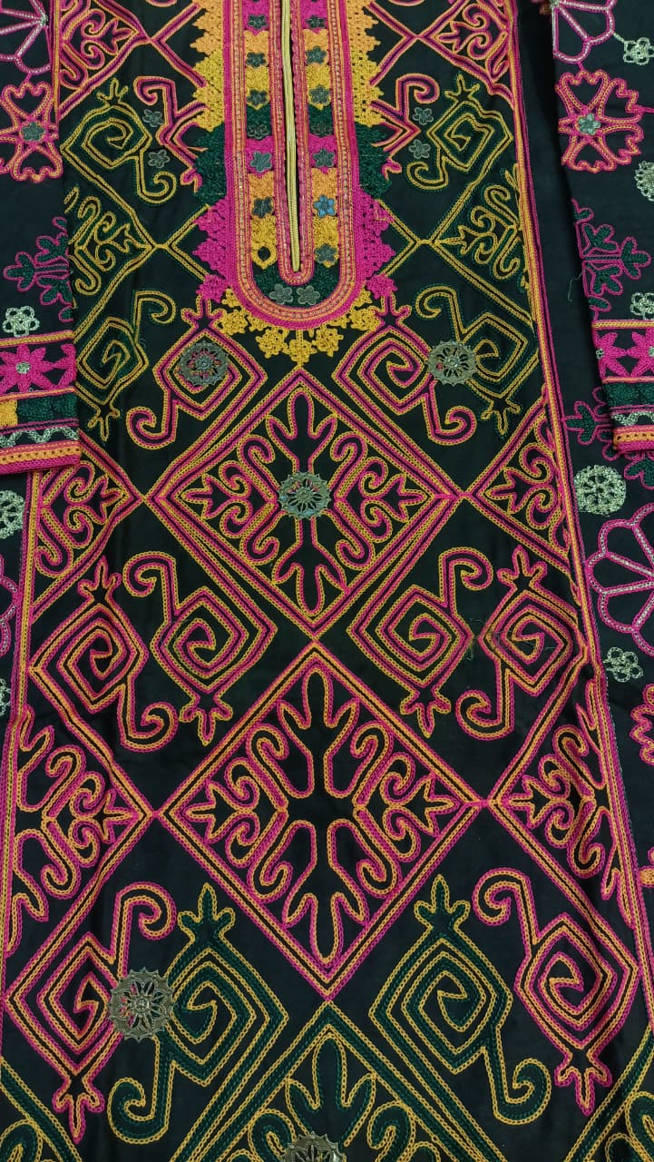 Artisan-Crafted Kashmiri Traditional Ethnic Embroidered Tunic Dress | Black Cotton Winter Kurti | Colorful Bohemian Top