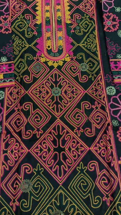 Artisan-Crafted Kashmiri Traditional Ethnic Embroidered Tunic Dress | Black Cotton Winter Kurti | Colorful Bohemian Top