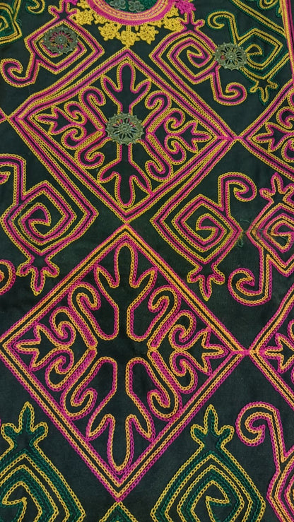 Artisan-Crafted Kashmiri Traditional Ethnic Embroidered Tunic Dress | Black Cotton Winter Kurti | Colorful Bohemian Top