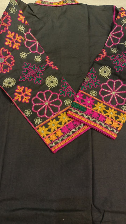 Artisan-Crafted Kashmiri Traditional Ethnic Embroidered Tunic Dress | Black Cotton Winter Kurti | Colorful Bohemian Top