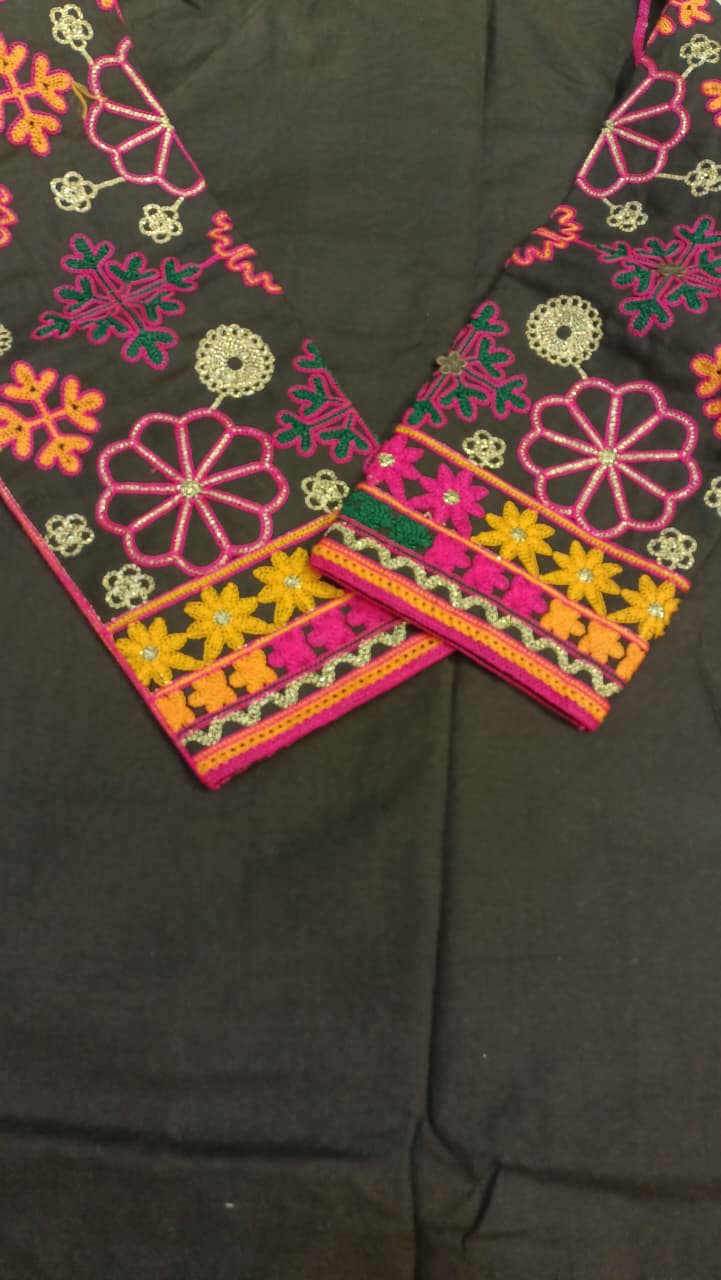 Artisan-Crafted Kashmiri Traditional Ethnic Embroidered Tunic Dress | Black Cotton Winter Kurti | Colorful Bohemian Top