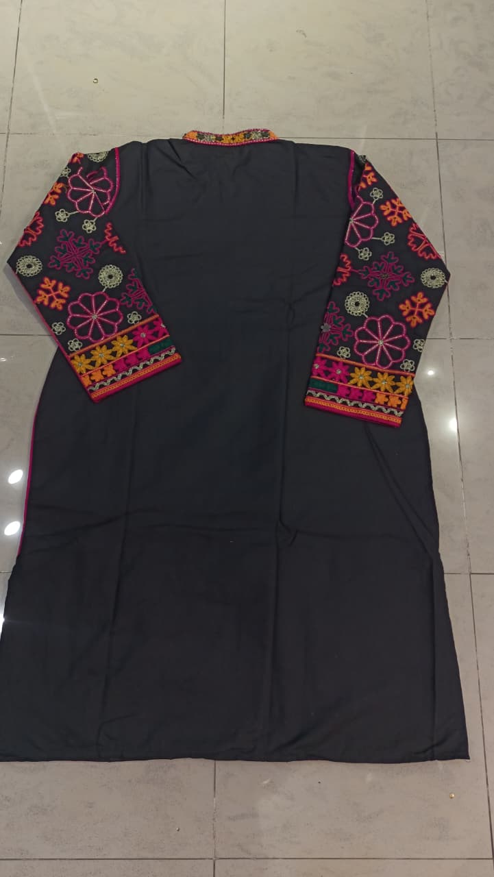 Artisan-Crafted Kashmiri Traditional Ethnic Embroidered Tunic Dress | Black Cotton Winter Kurti | Colorful Bohemian Top