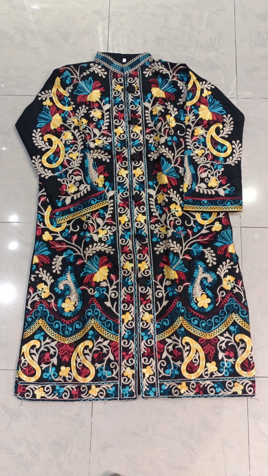 Artisan-Crafted Kashmiri Aari Embroidered Jacket - black Floral Statement Coat
