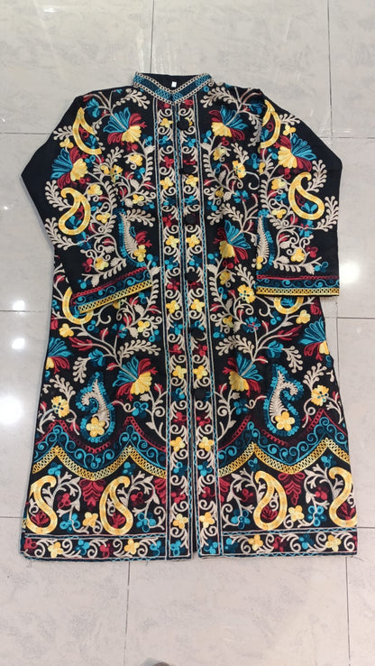 Artisan-Crafted Kashmiri Aari Embroidered Jacket - black Floral Statement Coat
