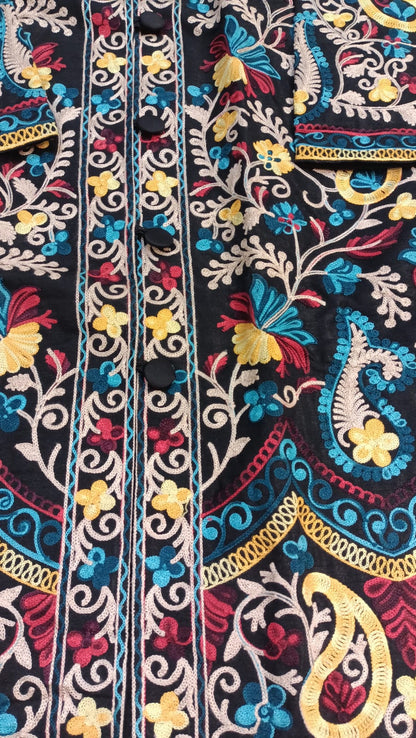 Artisan-Crafted Kashmiri Aari Embroidered Jacket - black Floral Statement Coat