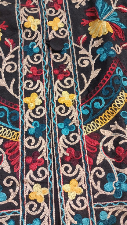 Artisan-Crafted Kashmiri Aari Embroidered Jacket - black Floral Statement Coat