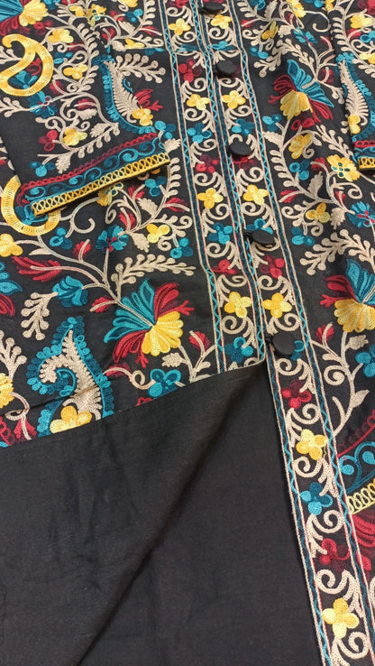 Artisan-Crafted Kashmiri Aari Embroidered Jacket - black Floral Statement Coat