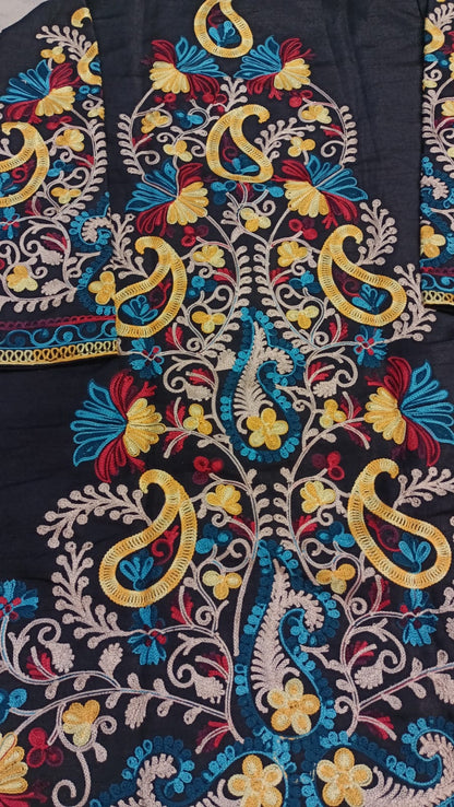 Artisan-Crafted Kashmiri Aari Embroidered Jacket - black Floral Statement Coat