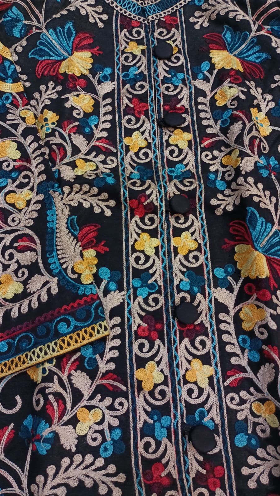 Artisan-Crafted Kashmiri Aari Embroidered Jacket - black Floral Statement Coat